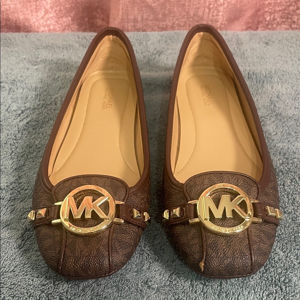 Michael Kors Dark Brown Leather MK Logo Ballet Flat Moccasin Gold Accents 7.5M